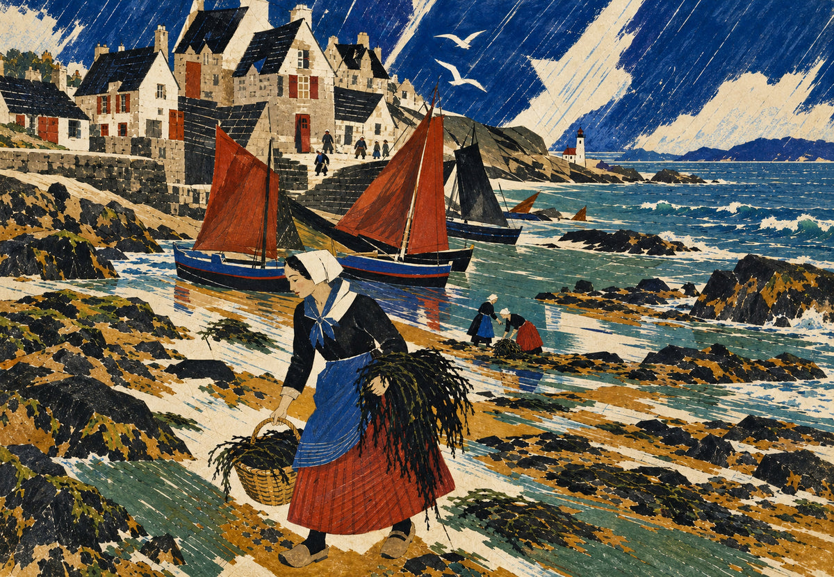 Brittany - Seaweed gatherer at the harbour (Landscape)