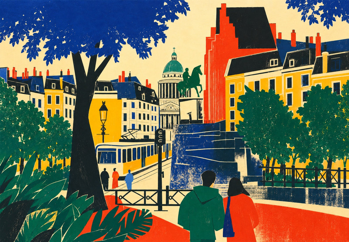 Die Straßenbahn und der grüne Reiter (Querformat)