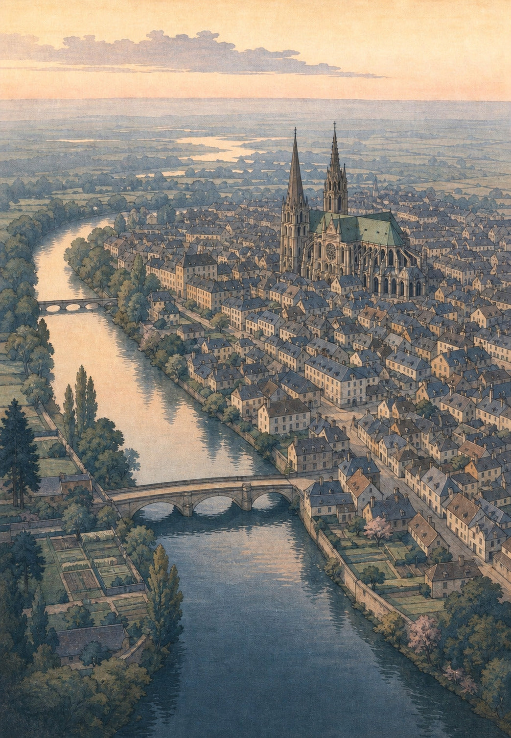 Chartres - The town and the Eure seen from the sky
