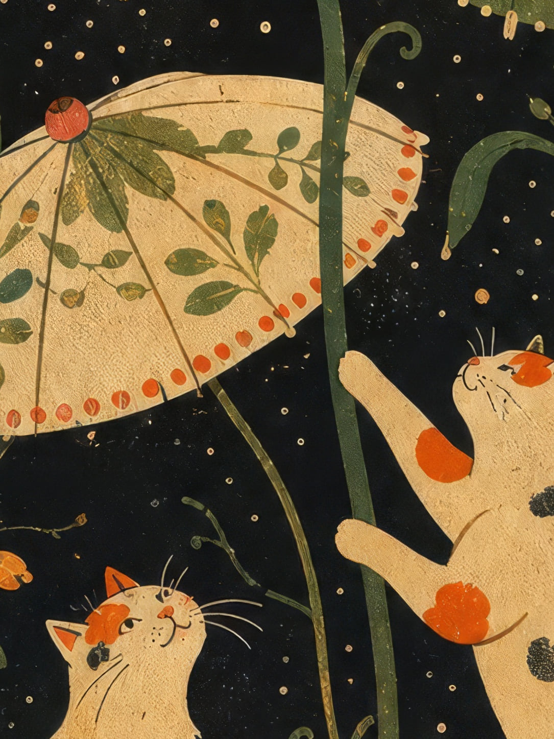 Detail a taille reelle du tirage, affiche chat chats parasols lune