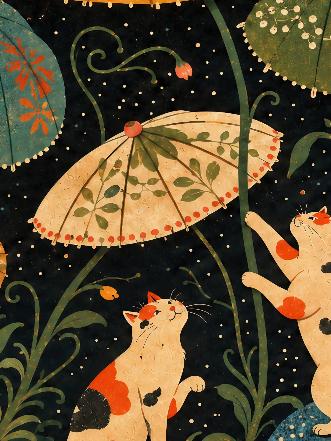 Detail a taille reelle du tirage, affiche chat chats parasols lune paysage