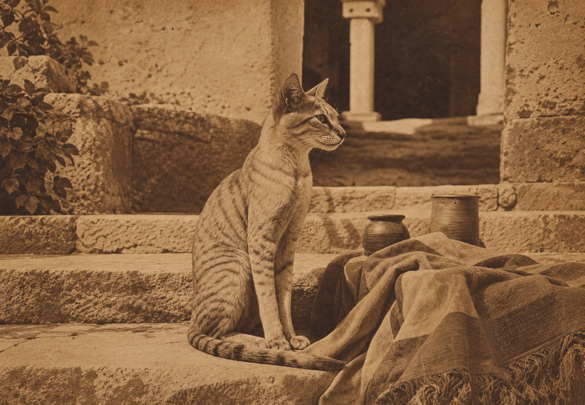 Le chat assis parmi les colonnes antiques (Paysage)