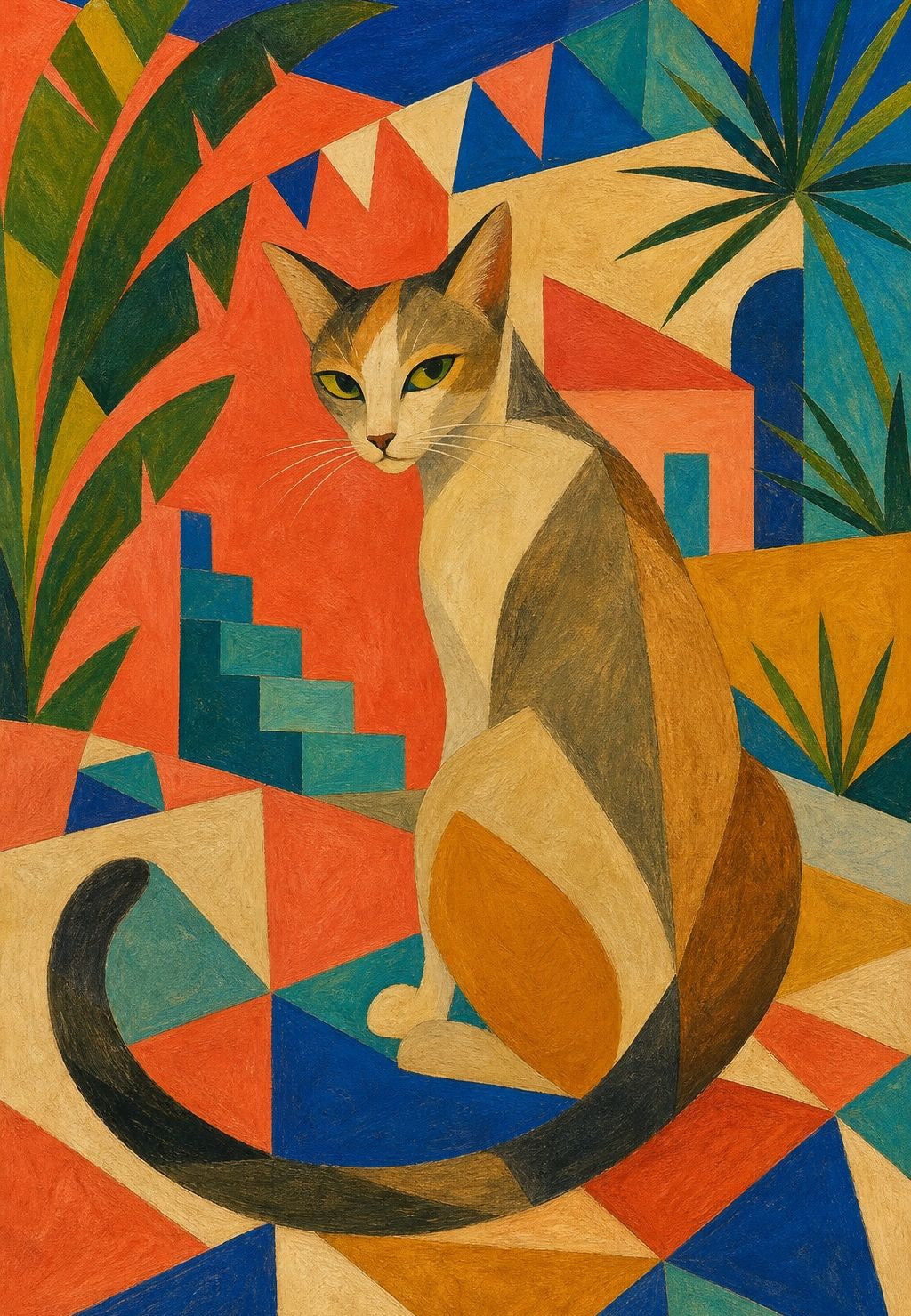 Le chat assis parmi les triangles colorés