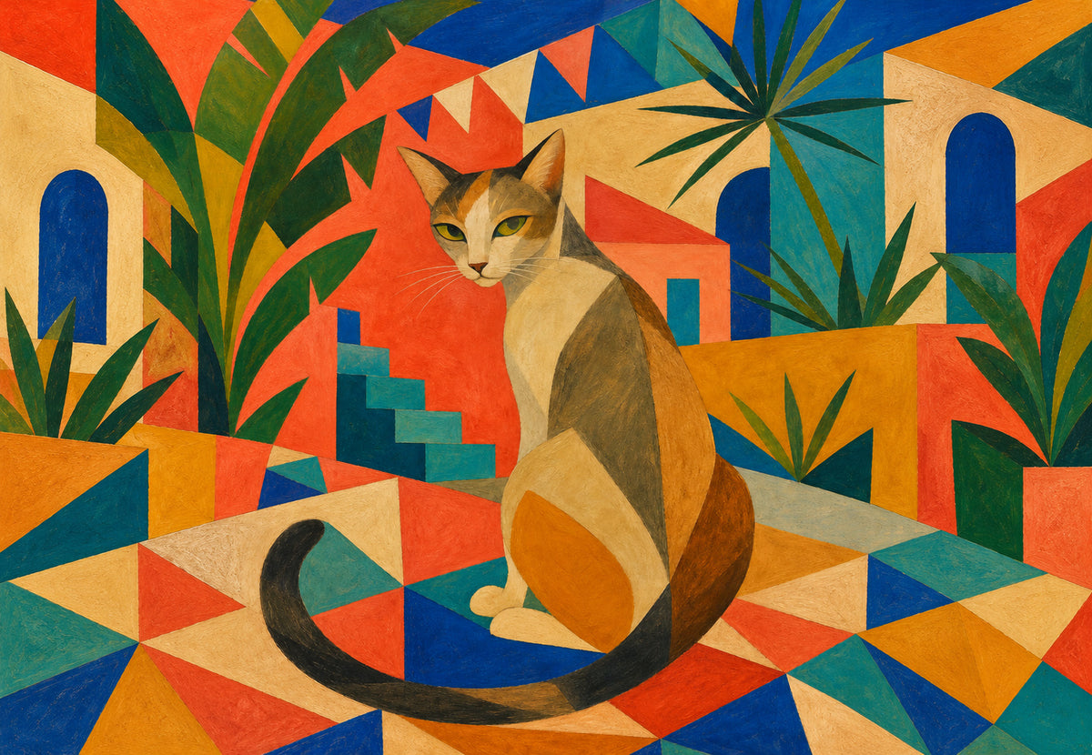 The cat seated among bright triangles (Landscape)