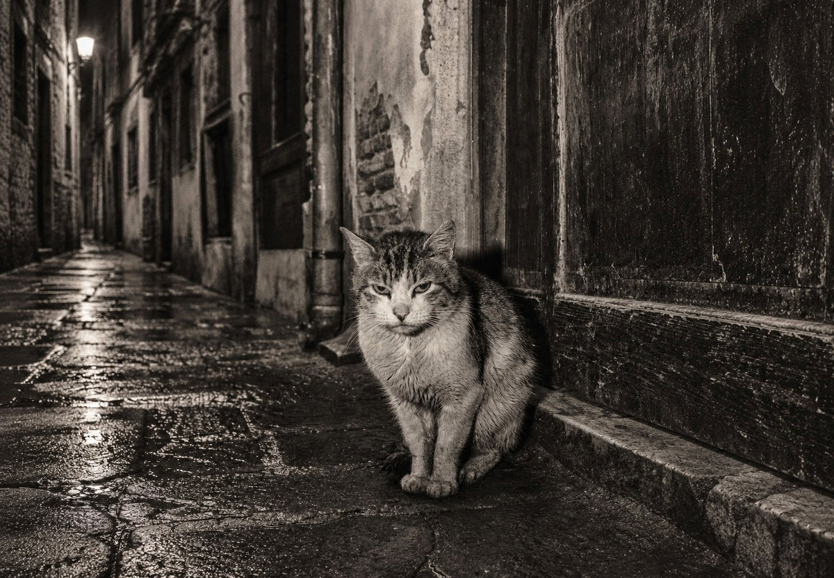 Le chat des rues sur les pavés humides (Paysage)