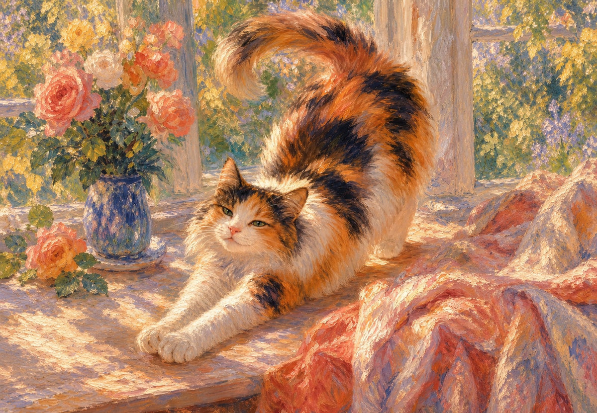 Die flauschige Katze im Morgenlicht (Querformat)
