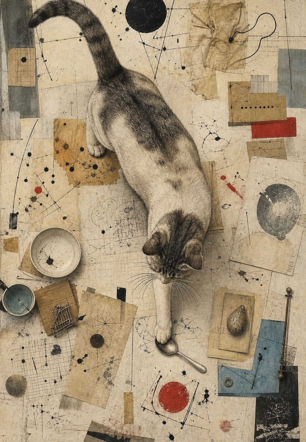 Die Katze zwischen den Fundstücken