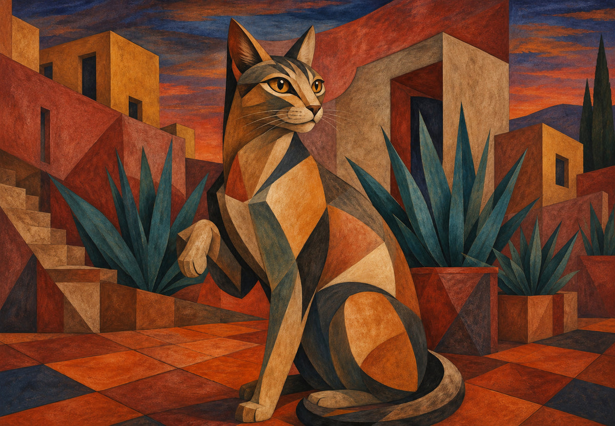 Il gatto sfaccettato al villaggio di adobe (Orizzontale)
