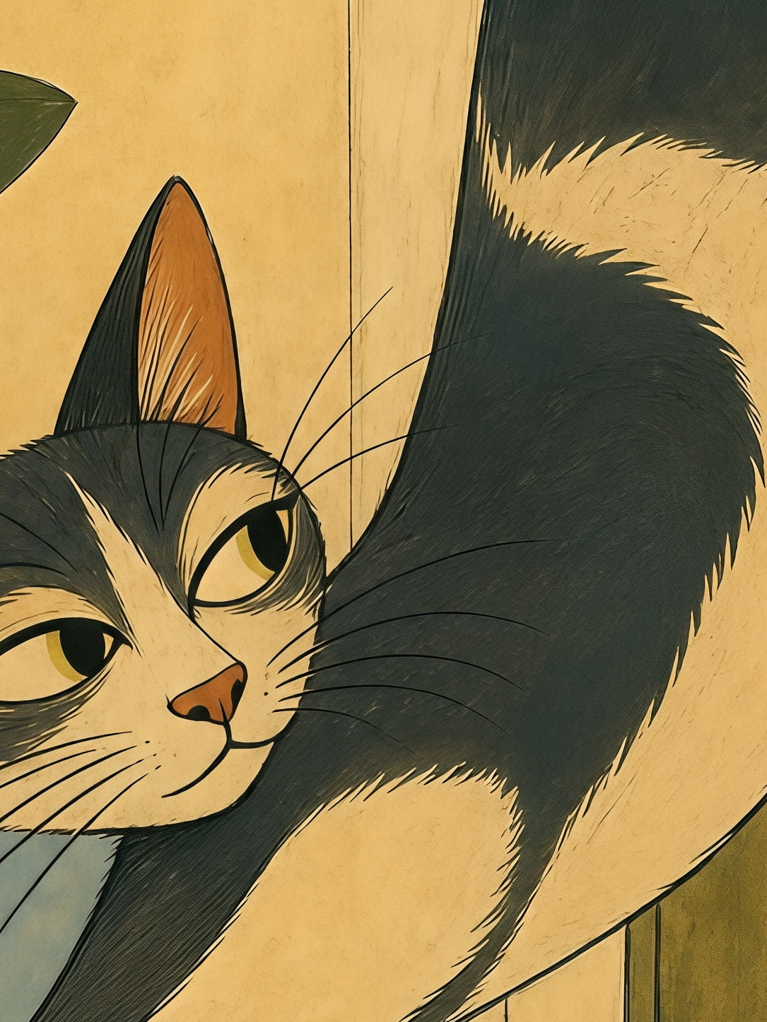 Detail a taille reelle du tirage, affiche chat le chat gris qui s etire au soleil d or