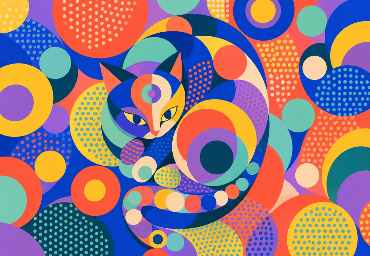 The cat curled in coloured circles (Landscape)