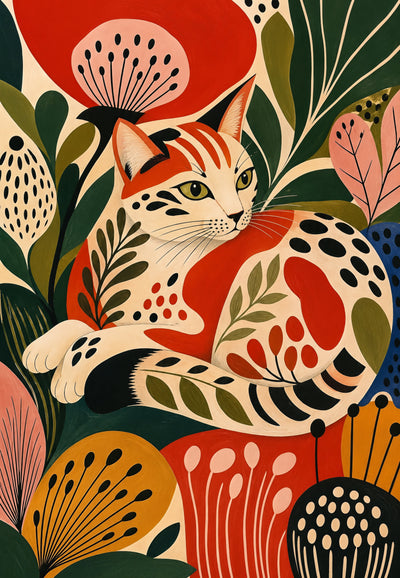 Die zusammengerollte Katze zwischen großen Mohnblumen