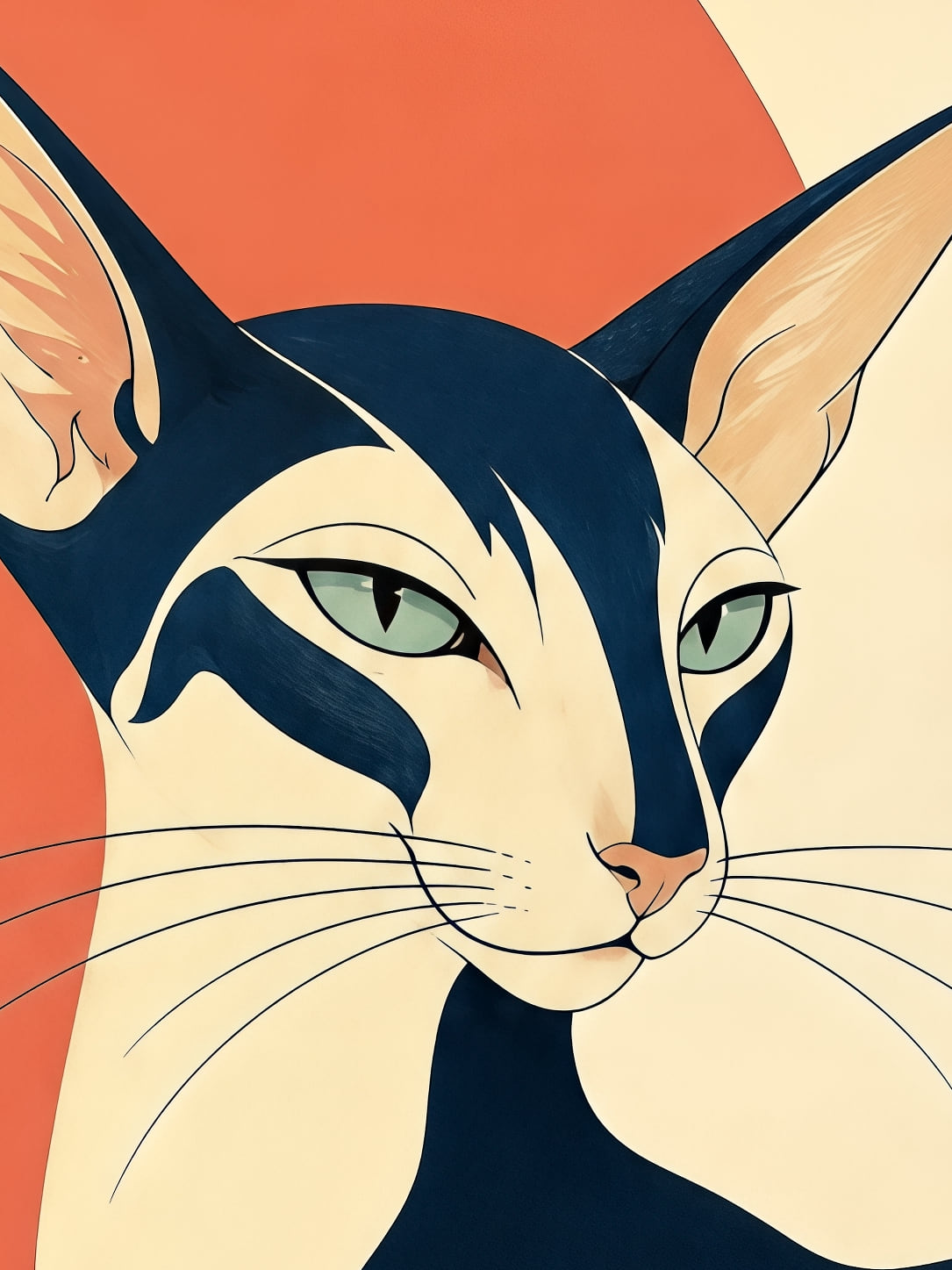Detail a taille reelle du tirage, affiche chat le chat oriental love sur fond corail