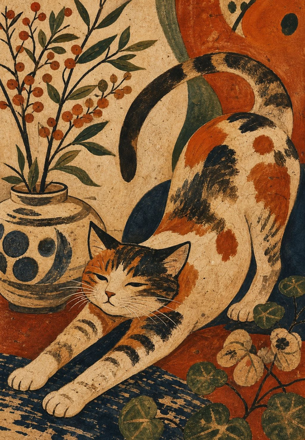 Die Katze, die sich neben der Vase mit Beeren streckt