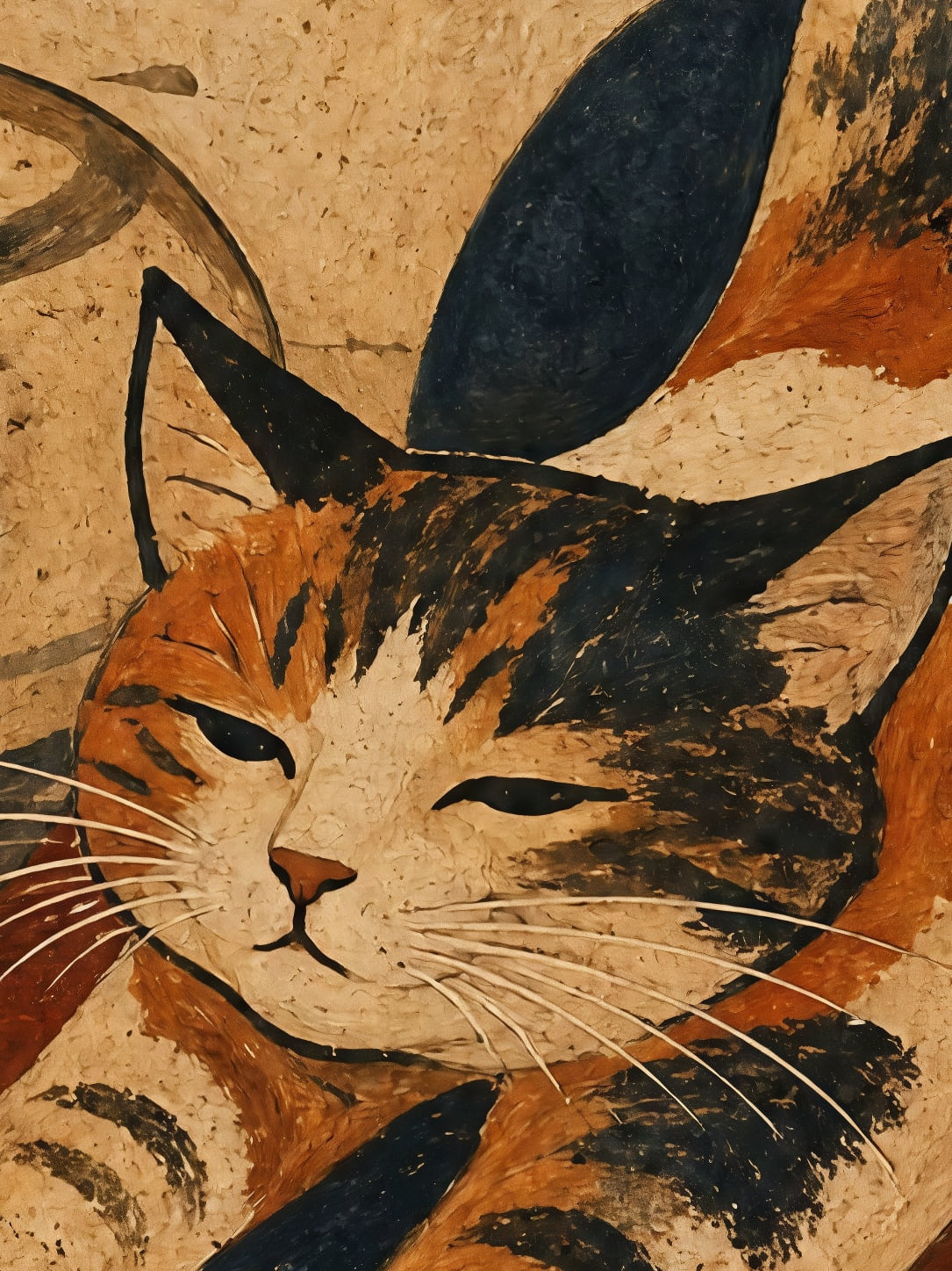 Detail a taille reelle du tirage, affiche chat le chat qui s etire pres du vase aux baies