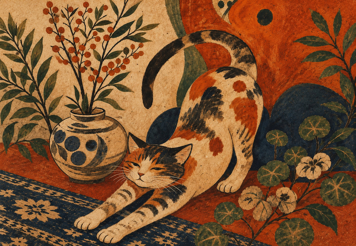 Il gatto che si stira accanto al vaso di bacche (Orizzontale)