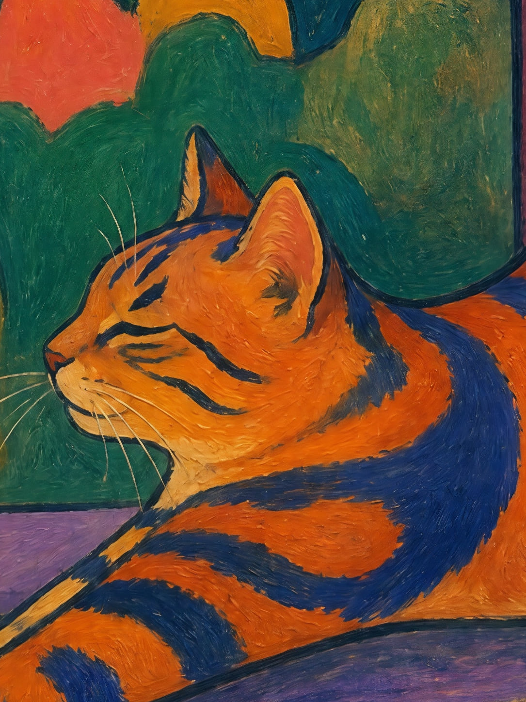 Detail a taille reelle du tirage, affiche chat le chat roux qui s etire sous les tropiques
