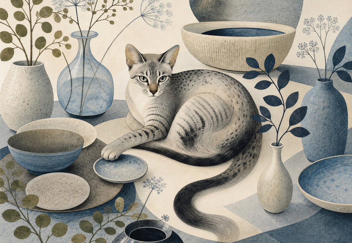 The spotted cat among the ceramics (Landscape)