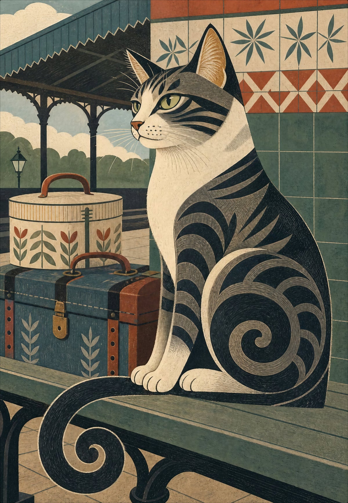 Die getigerte Katze auf dem Bahnsteig