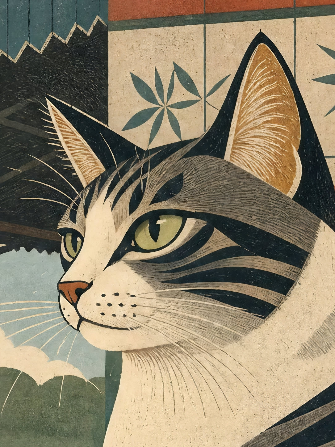 Detail a taille reelle du tirage, affiche chat le chat tigre sur le quai de gare