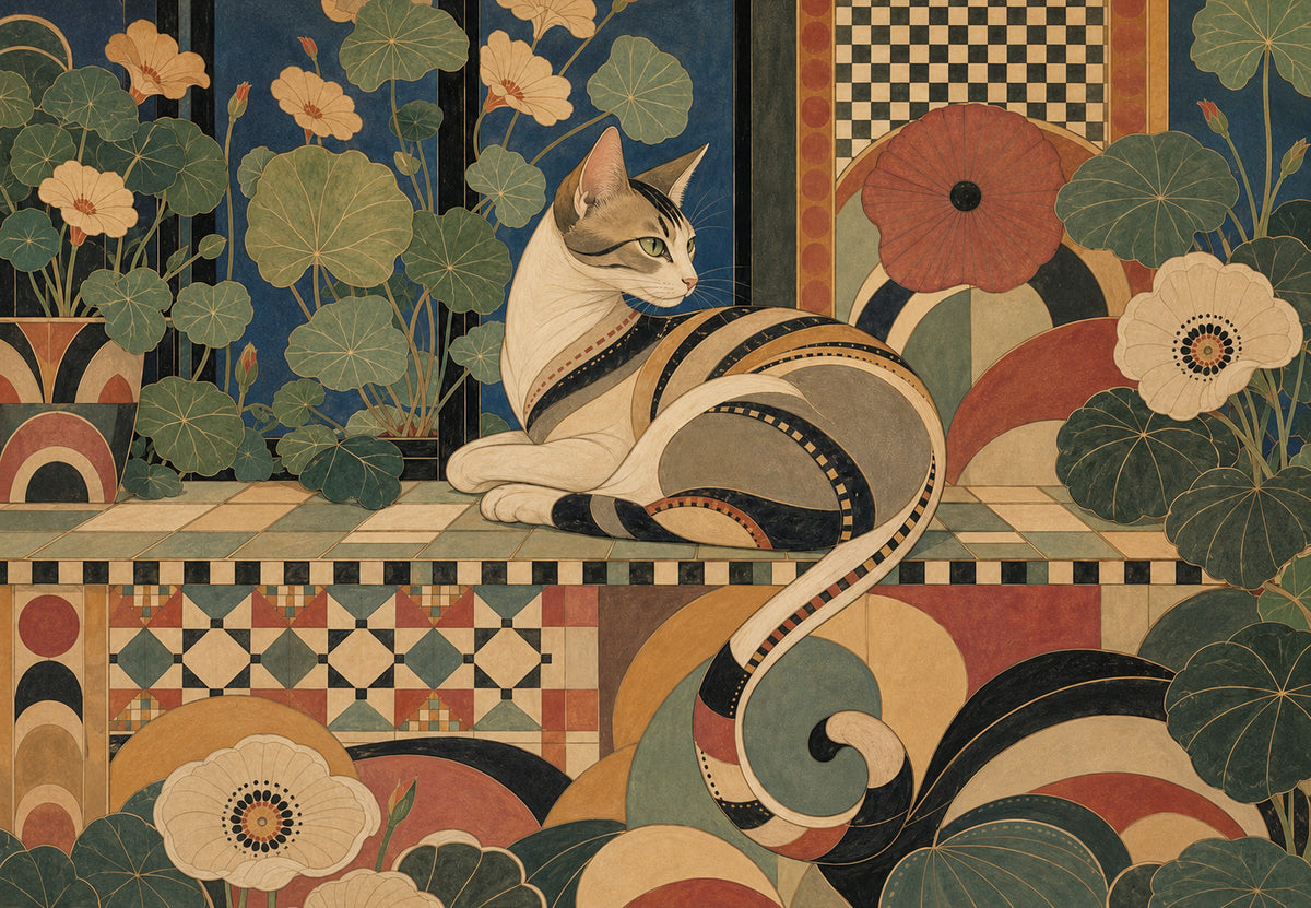 Le chat tricolore parmi les capucines (Paysage)