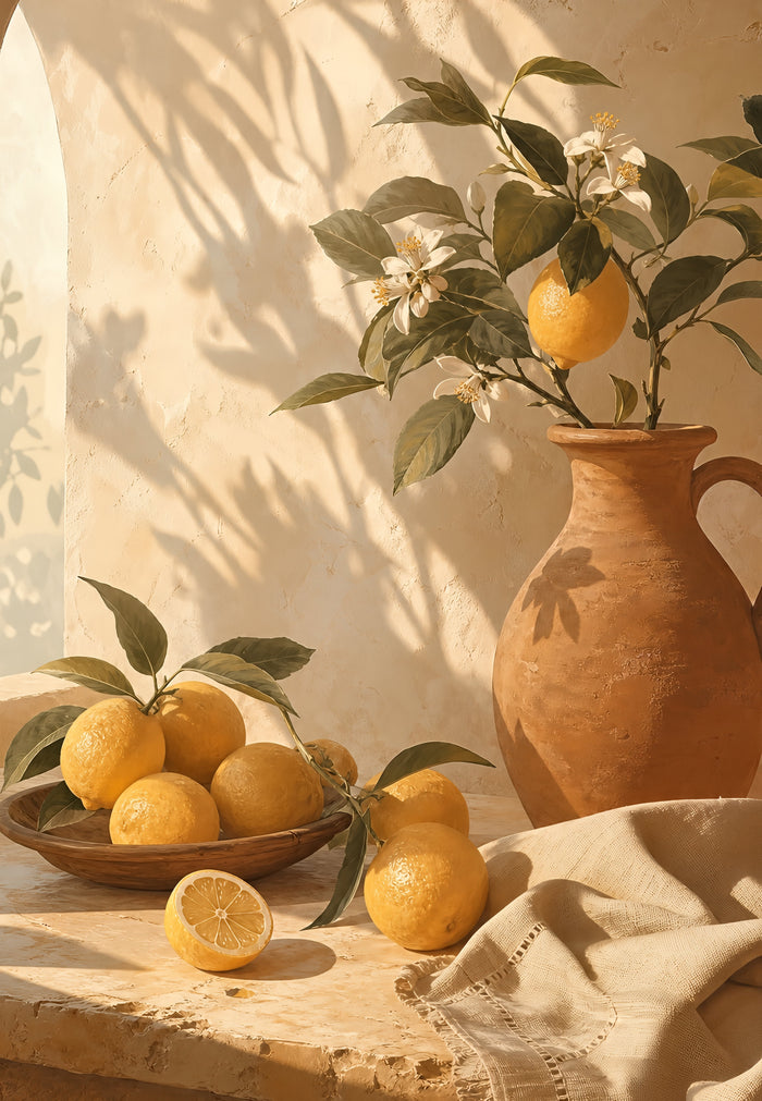 Affiche nature morte citrons jaunes cruche terracotta et ombres de feuilles