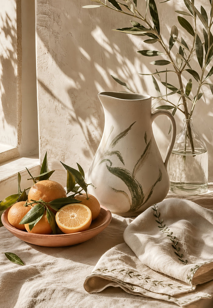 Affiche nature morte pichet oranges olivier lumière