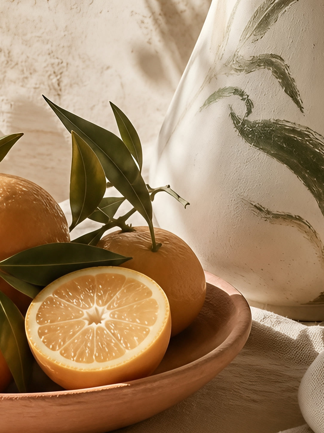 Detail a taille reelle du tirage, affiche citron pichet aux feuilles et oranges