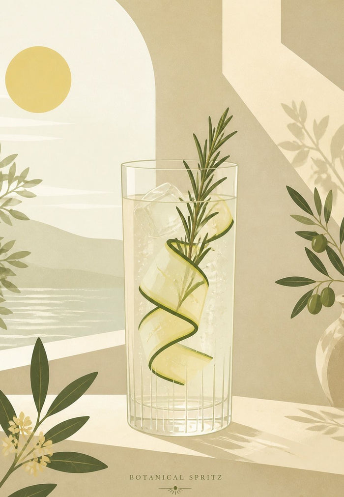 Affiche cocktail Botanical Spritz romarin concombre vue mer