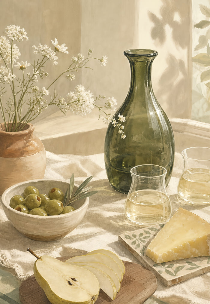 Affiche nature morte carafe verte olives poire et fromage sur table