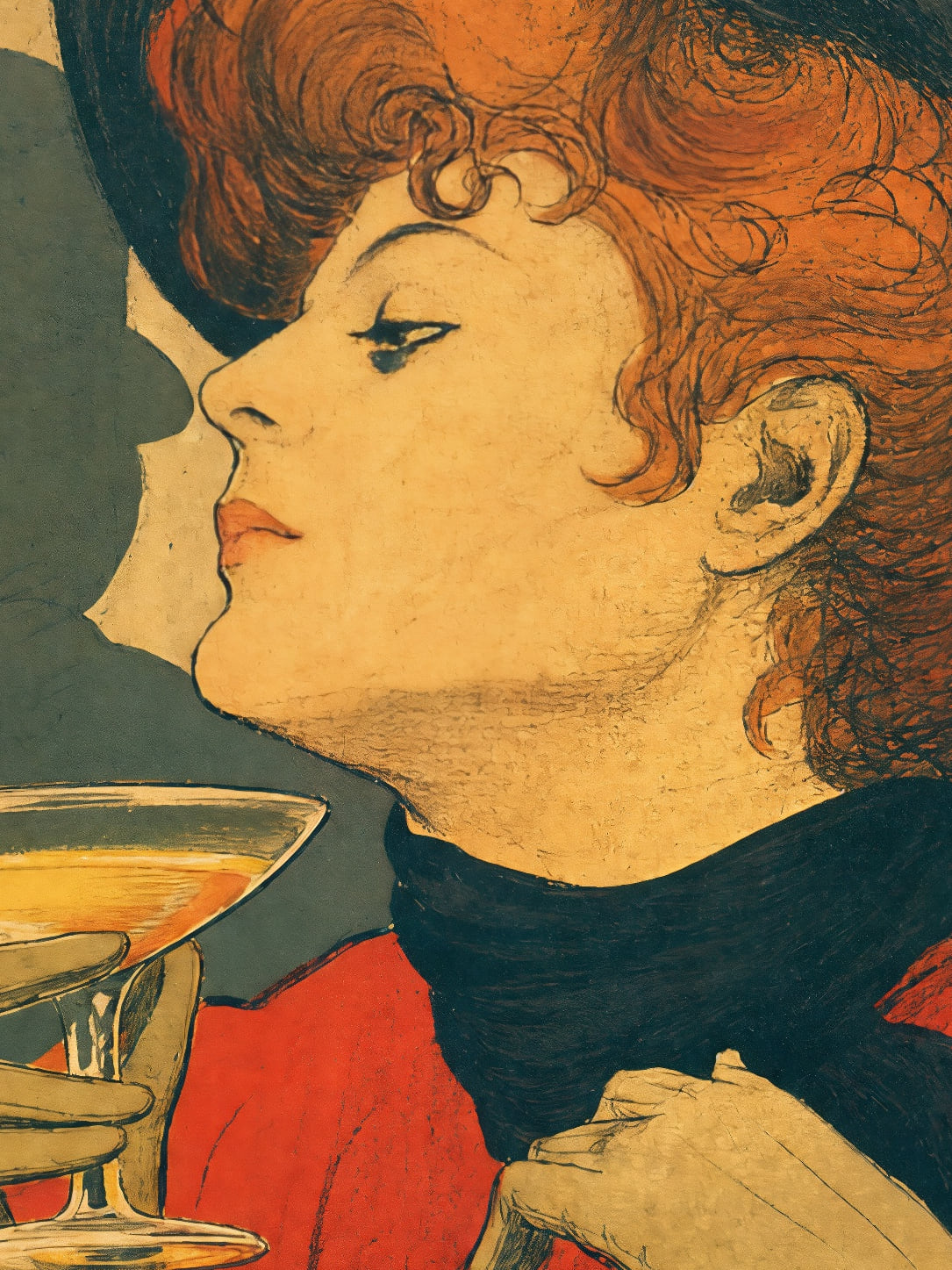Detail a taille reelle du tirage, affiche cocktail la belle en rouge