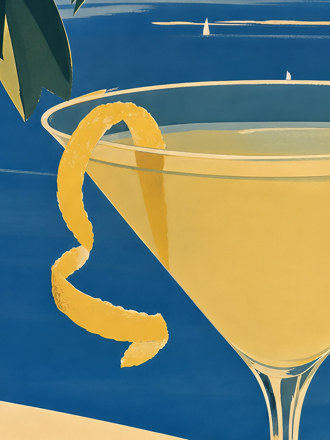 Detail a taille reelle du tirage, affiche cocktail martini au bord de la mediterranee