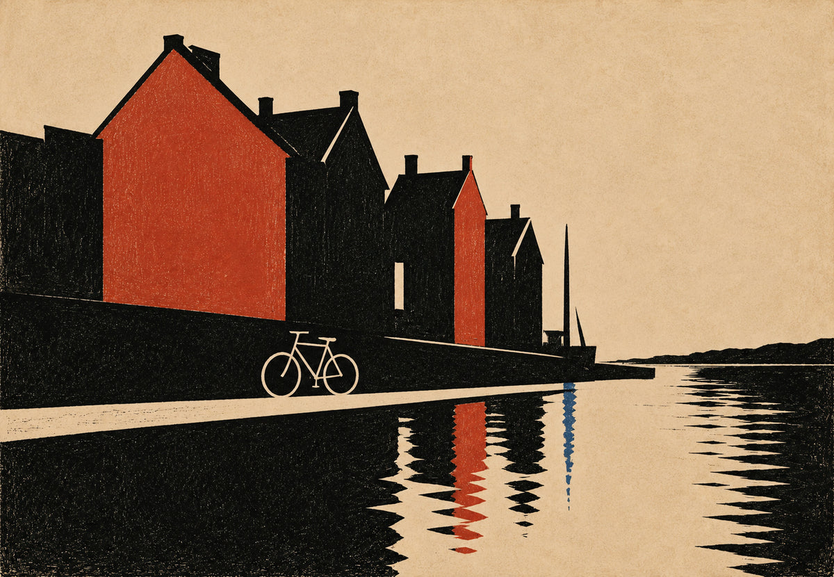 Copenhagen - Red Houses and the Bicycle by the Quay (Landscape)