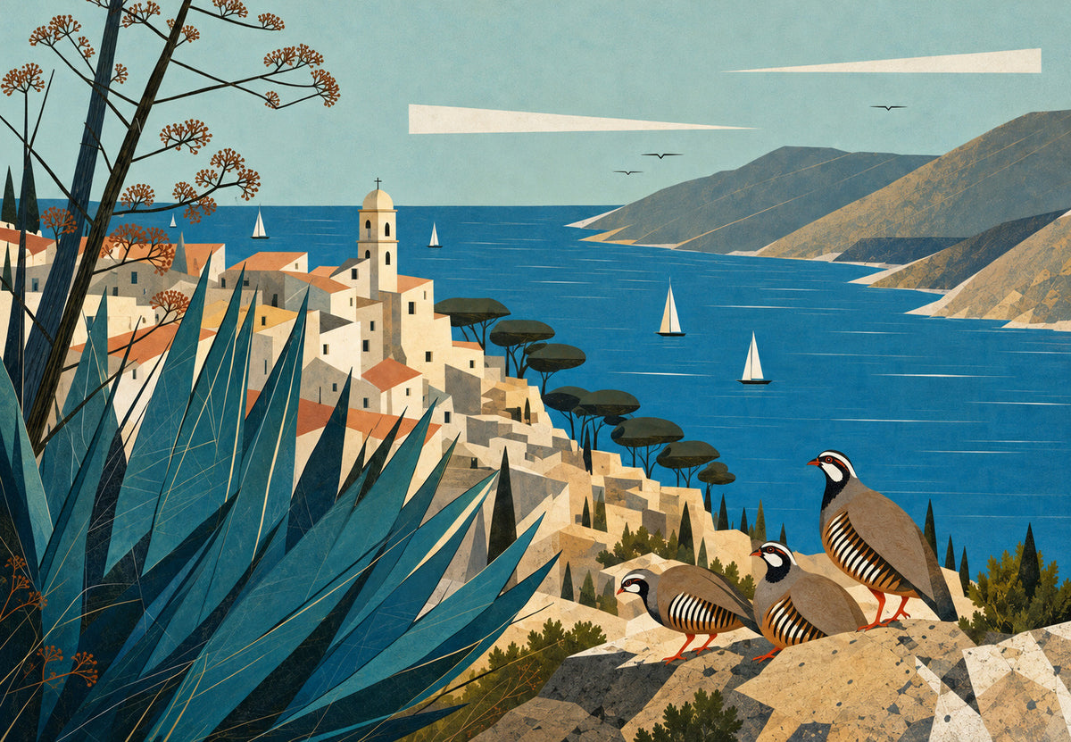 The partridges and the bell tower over the gulf (Landscape)