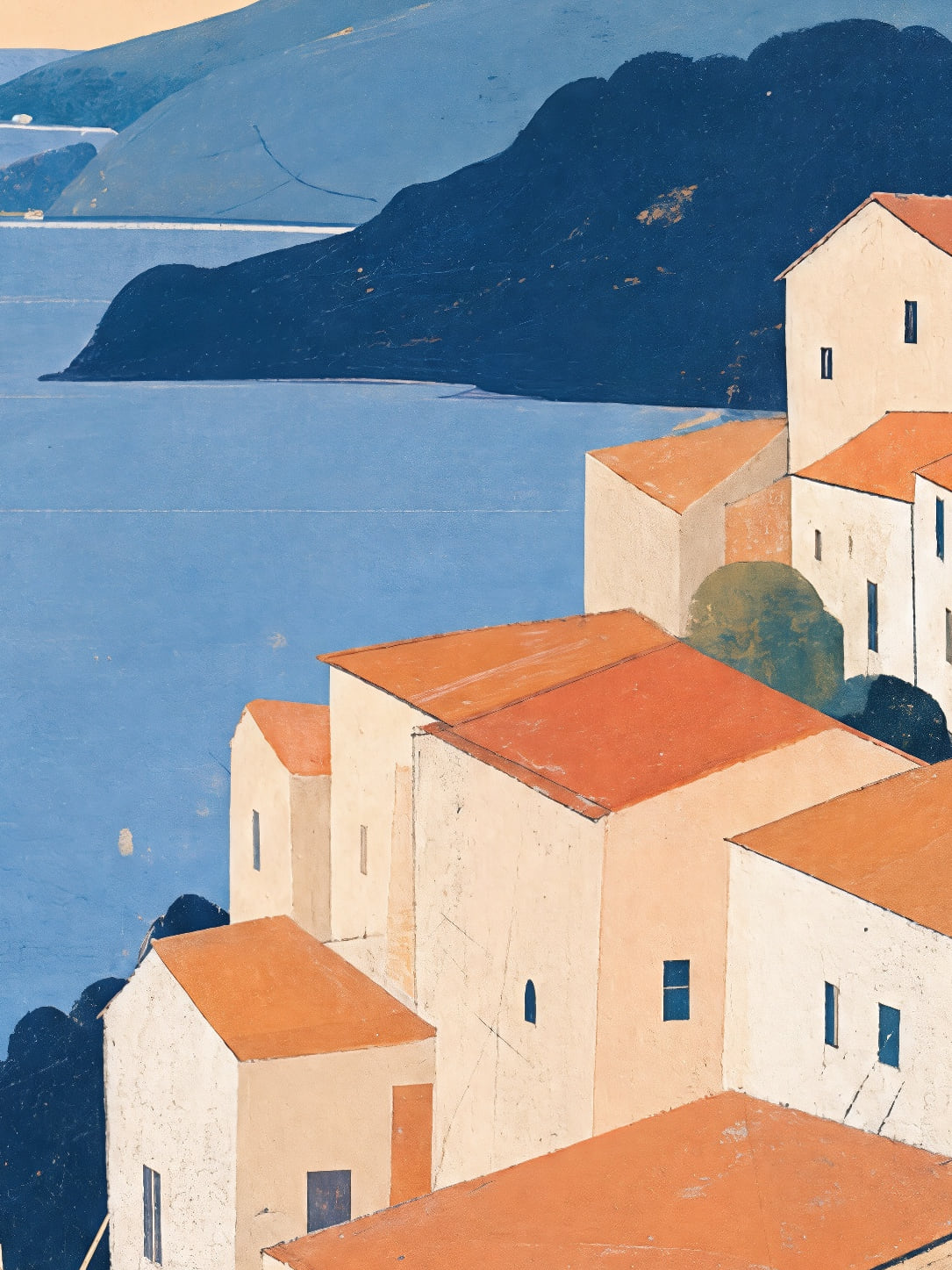 Detail a taille reelle du tirage, affiche corse soleil pale sur les toits de terre