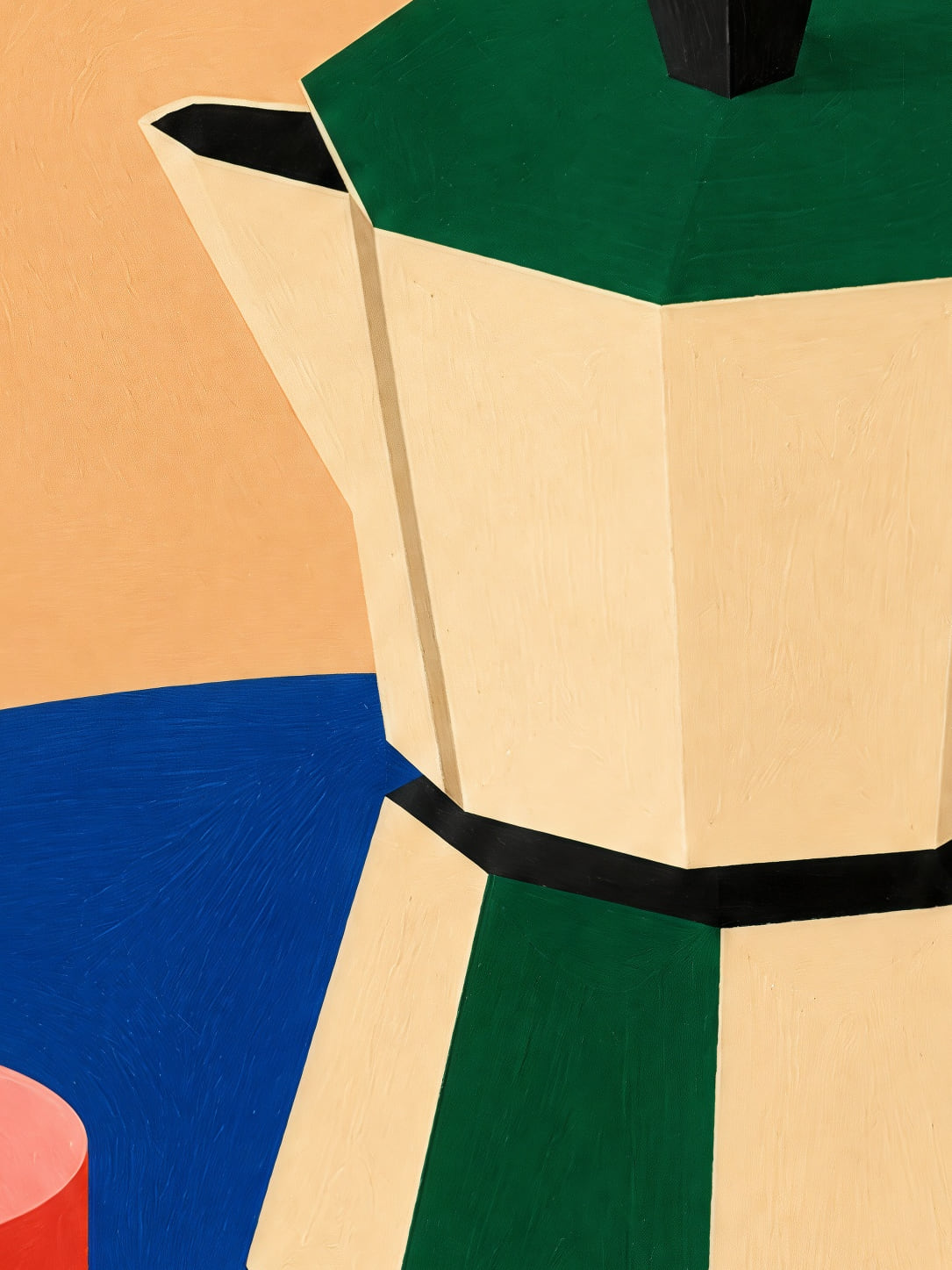 Detail a taille reelle du tirage, affiche cuisine cafetiere moka et tasse rouge sur table bleue portrait