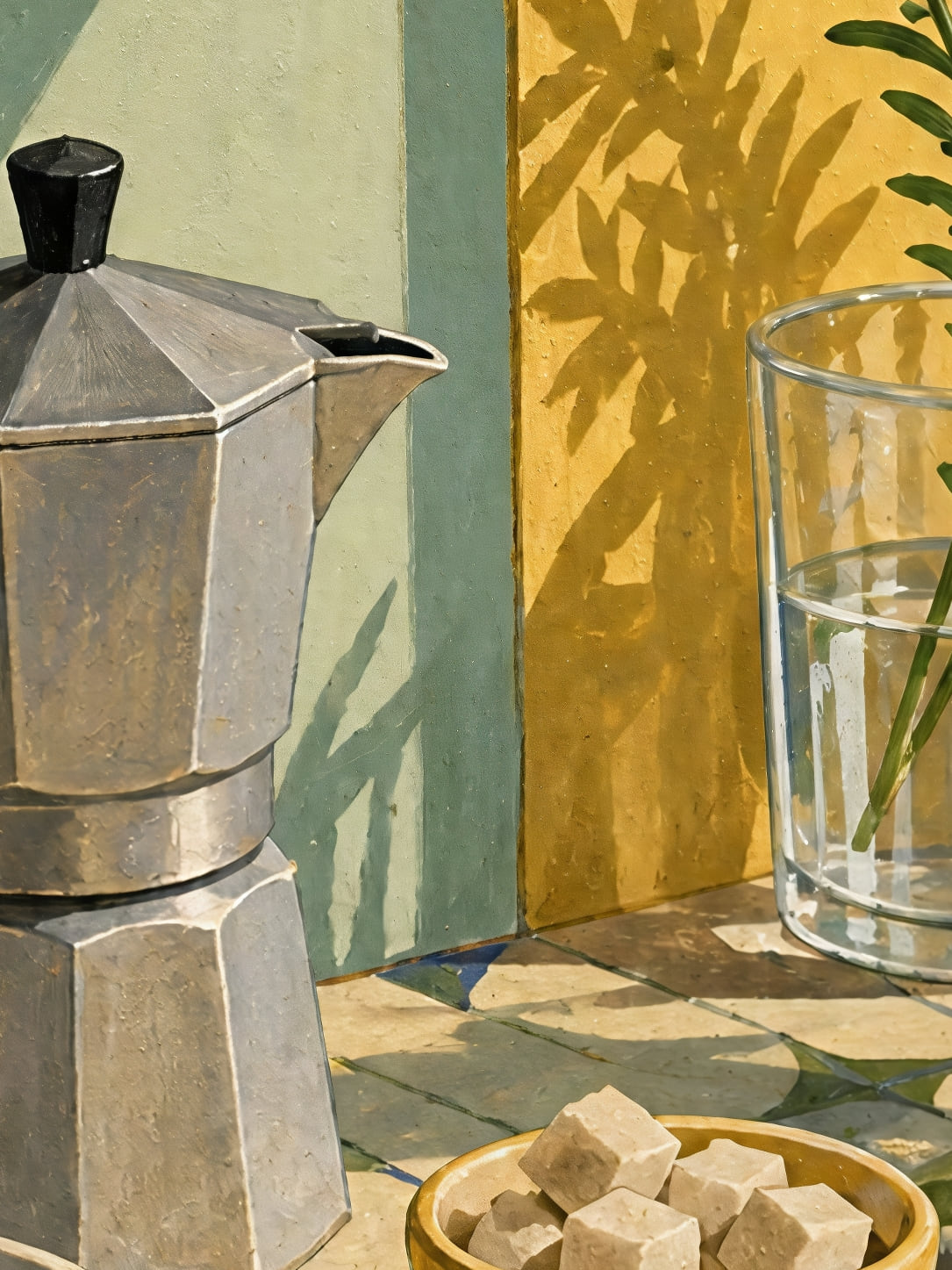 Detail a taille reelle du tirage, affiche cuisine cafezinho au soleil sur carreaux