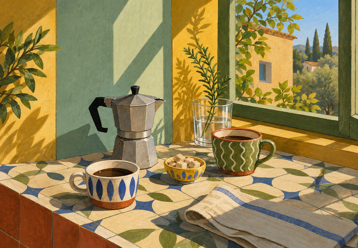 Cafezinho al sol sobre azulejos (Horizontal)