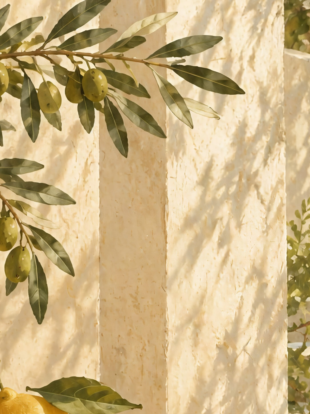 Detail a taille reelle du tirage, affiche cuisine citrons et branche d olivier sur une terrasse ensoleillee