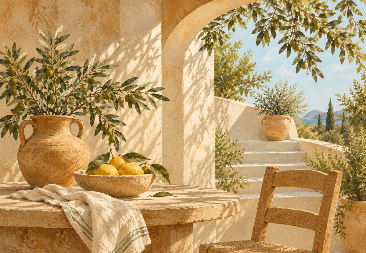 Limoni e ramo d'ulivo su una terrazza soleggiata (Orizzontale)