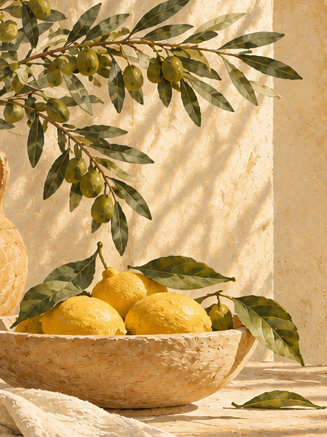 Detail a taille reelle du tirage, affiche cuisine citrons et branche d olivier sur une terrasse ensoleillee paysage