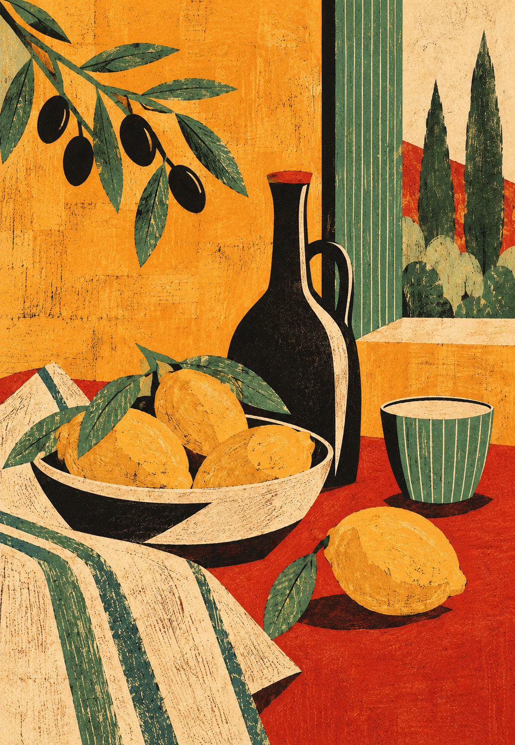 Lemons and Olive Branch on a Red Tablecloth