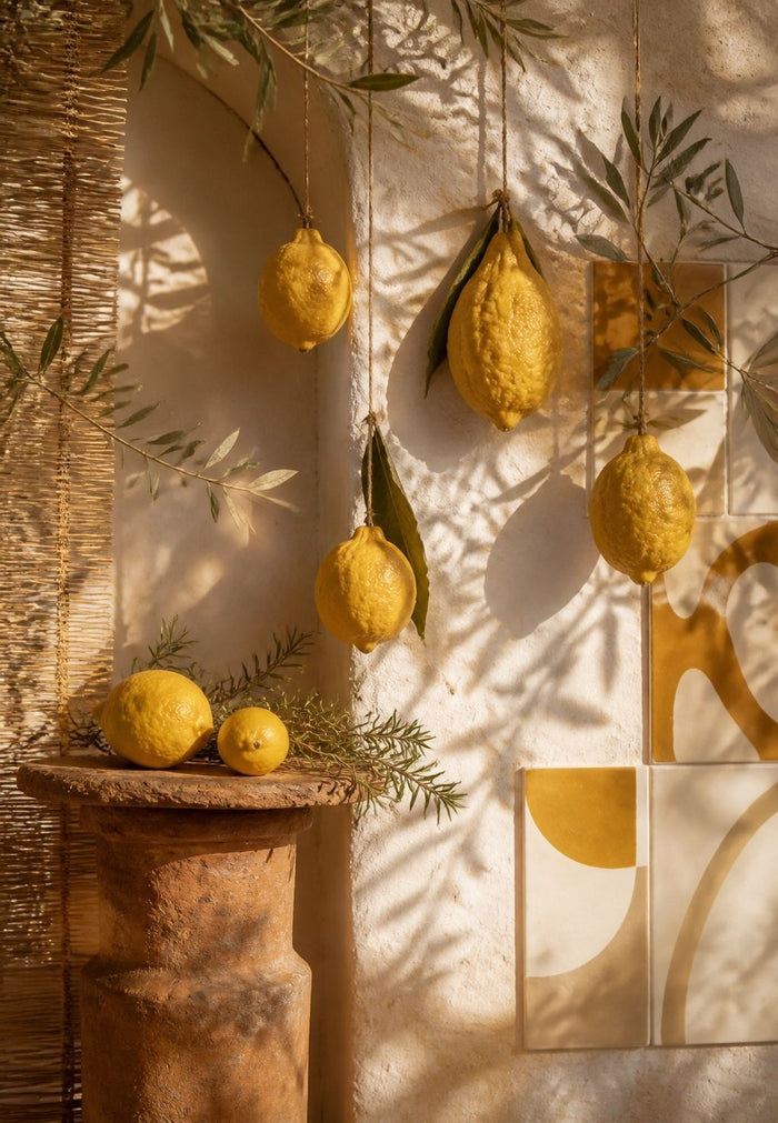 Des citrons dorés pendent au bout de fines cordelettes devant un mur enduit couleur sable, entourés de rameaux d'olivier aux feuilles argentées.