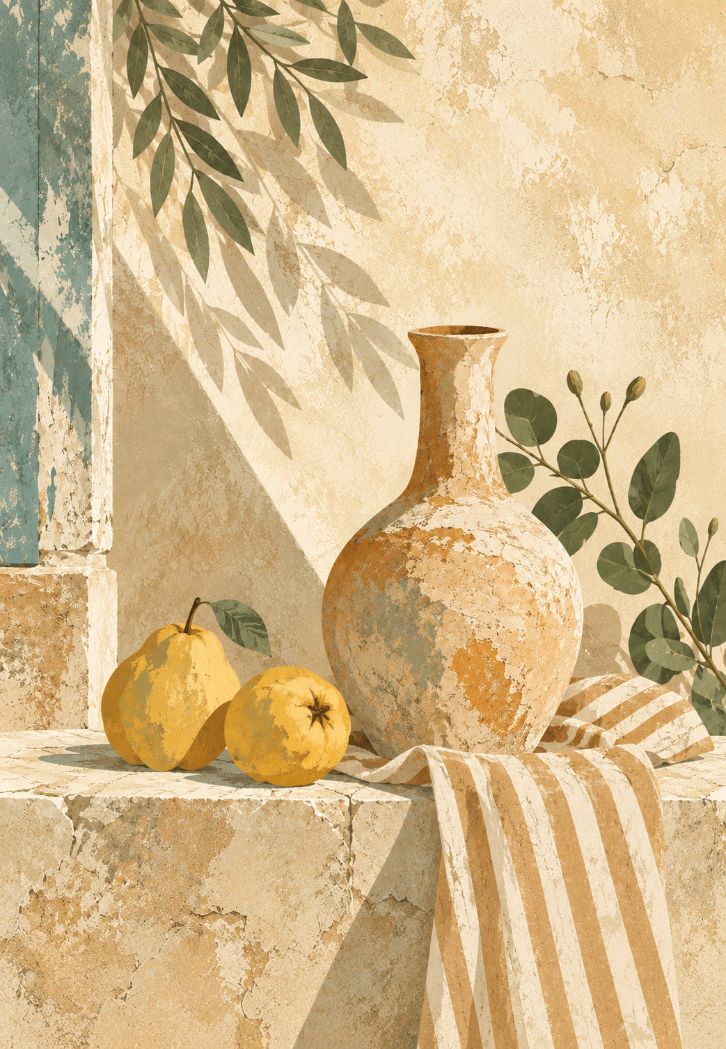 Brocca di terracotta e cotogne dorate
