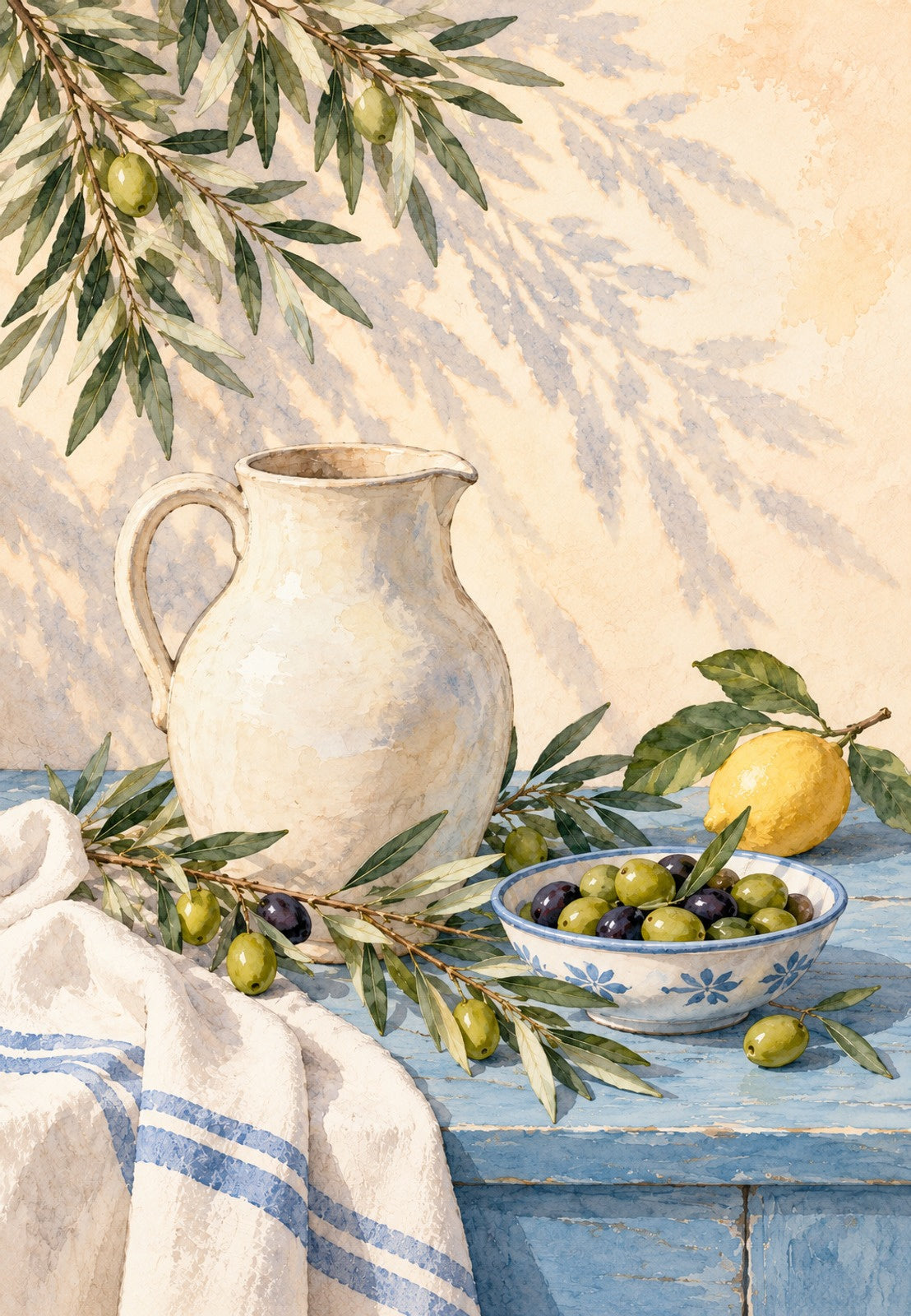 Le olive sul tavolo blu