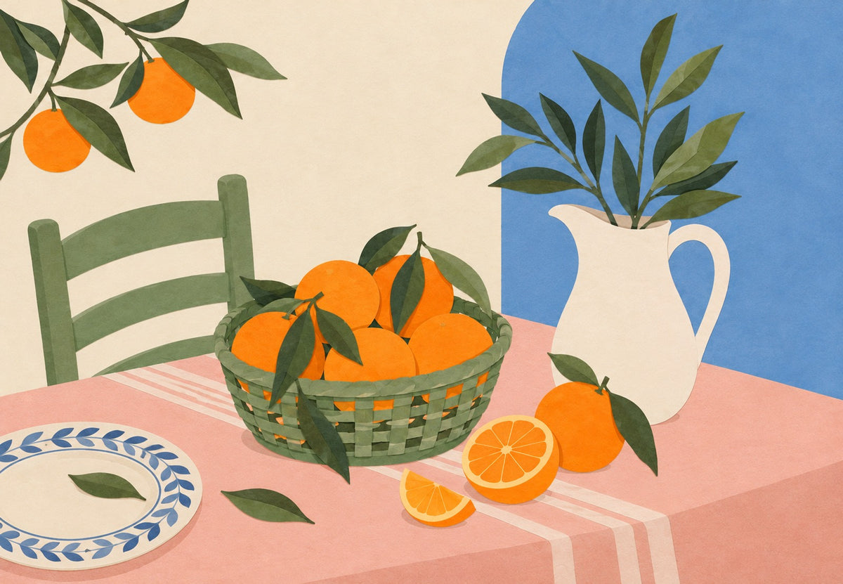 Die Orangen im grünen Korb (Querformat)