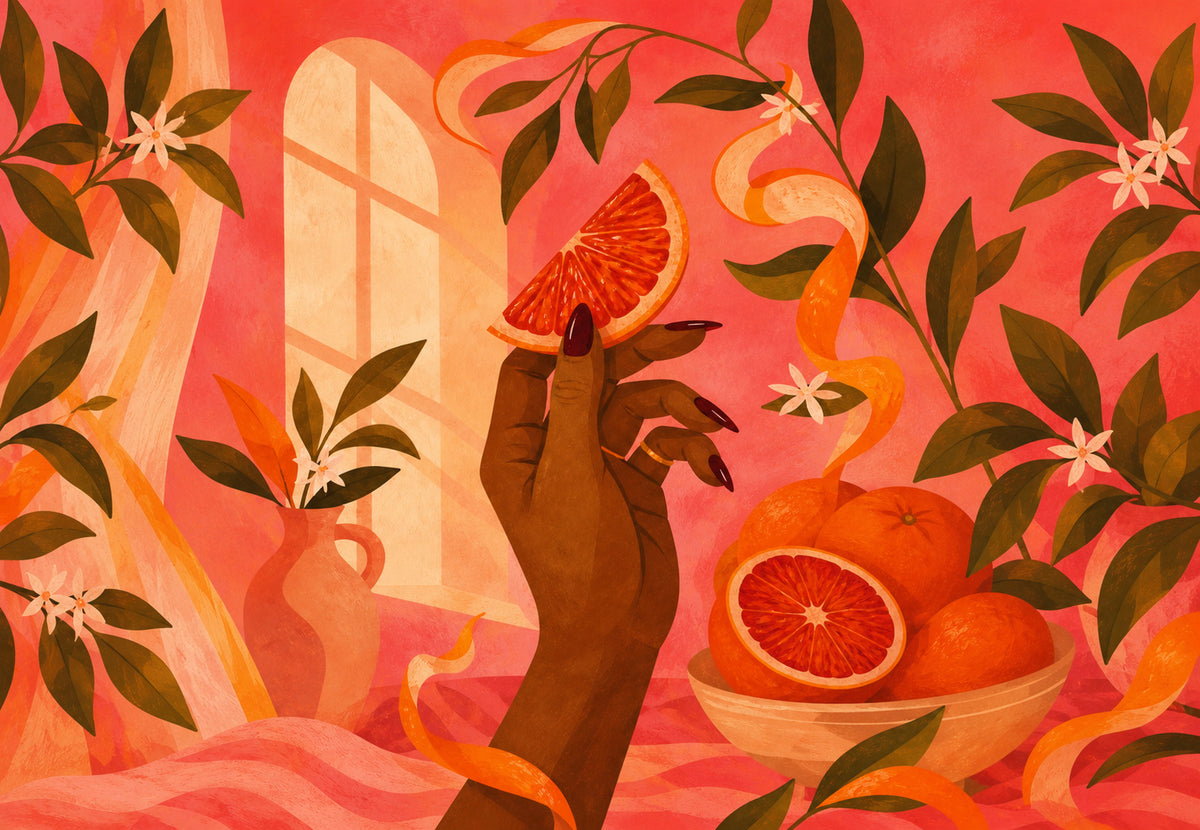Blutorange zwischen den Fingern (Querformat)