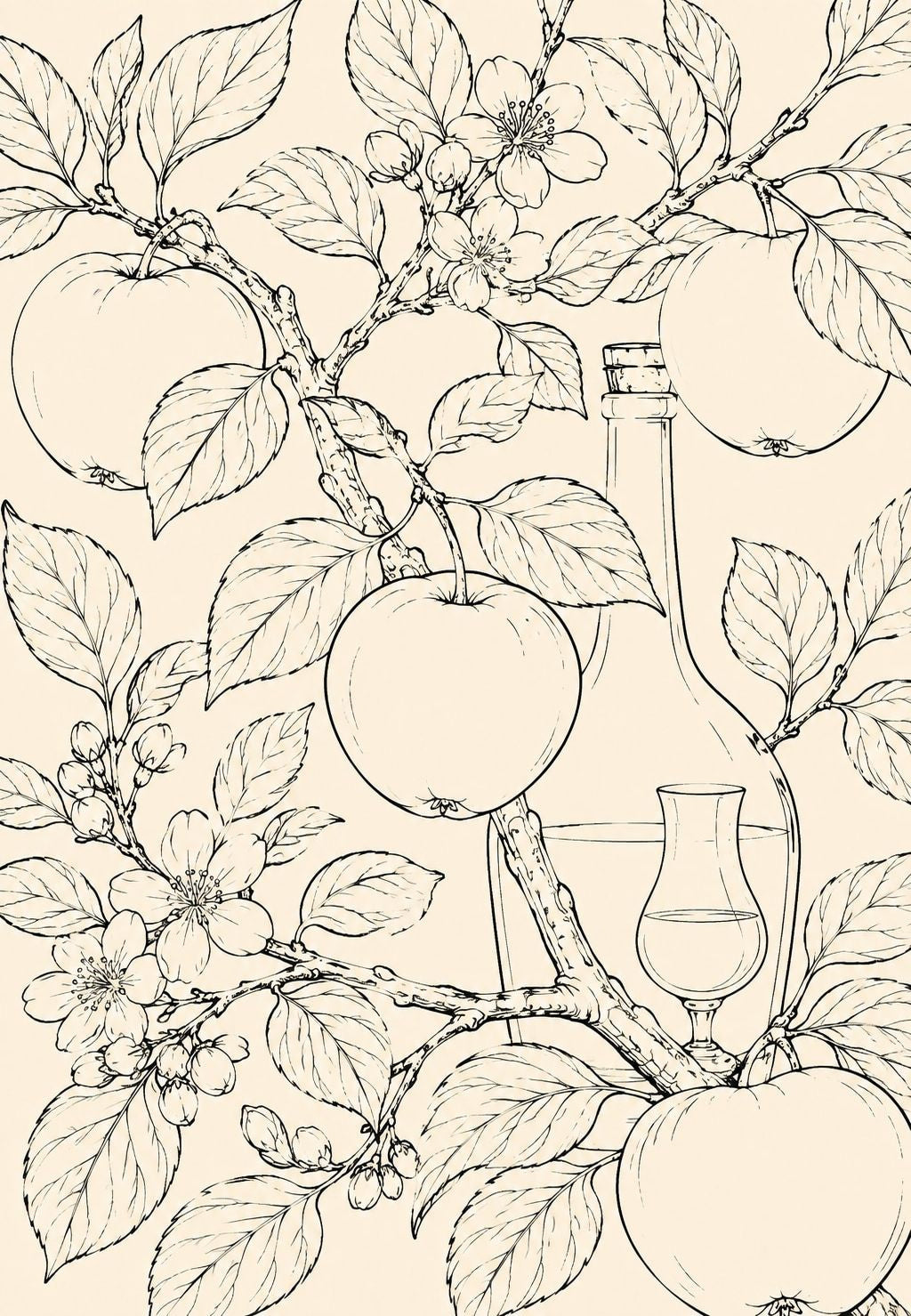 Melo in fiore, bottiglia e bicchiere di calvados