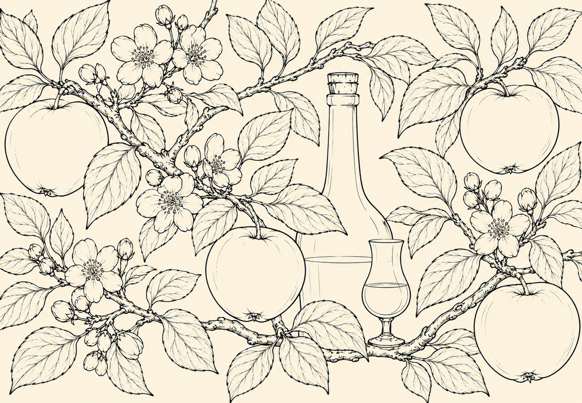 Macieira em flor, garrafa e copo de calvados (Horizontal)