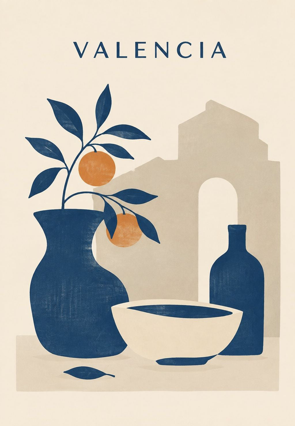 Blue Vase and Orange Branch by an Archway House