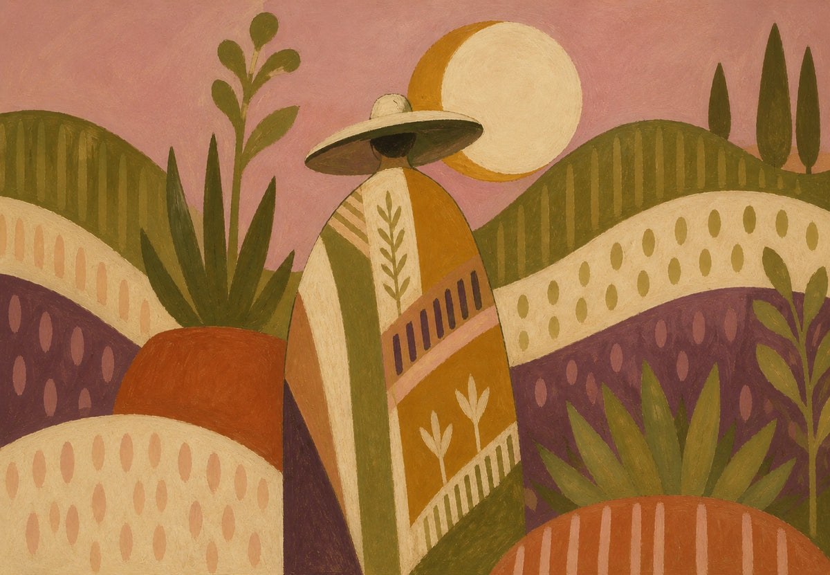 Strohhut und goldener Mond zwischen den Agaven (Querformat)
